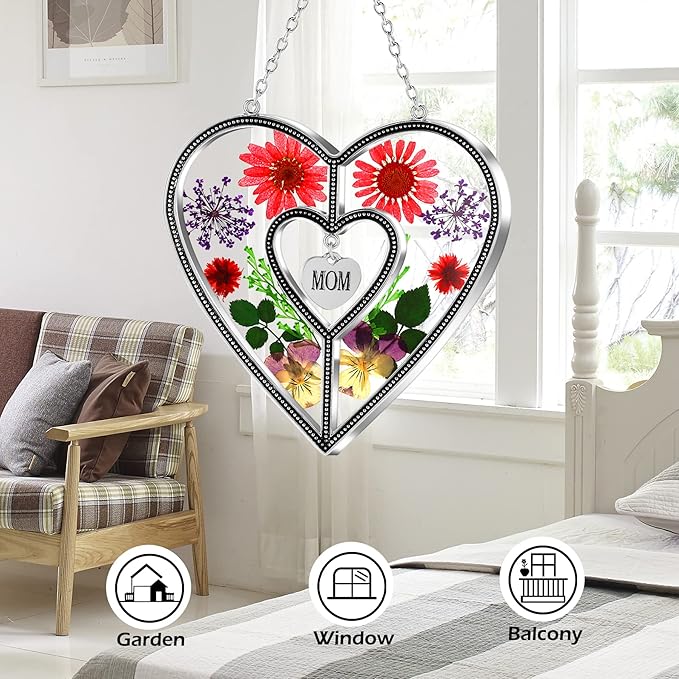 KY&BOSAM Heart Suncatcher Mom Gifts Stained Glass Panels Suncatchers for Windows Hangings Ornament with Pressed Flower Heart in Glass and Heart Charm Birthday Gifts for Mom Mothers Day Christmas Decor