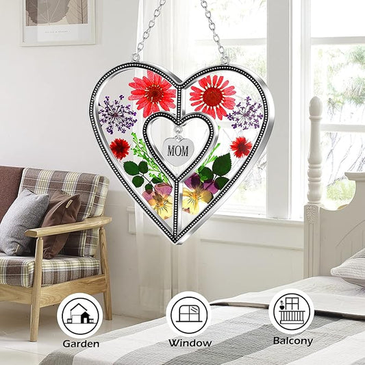 KY&BOSAM Heart Suncatcher Mom Gifts Stained Glass Panels Suncatchers for Windows Hangings Ornament with Pressed Flower Heart in Glass and Heart Charm Birthday Gifts for Mom Mothers Day Christmas Decor