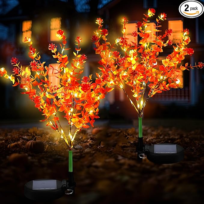 Glooglitter 2 Pack Solar Stake Lights Outdoor Decor Waterproof Mums Artificial Flowers Solar Lights for Outdoor Garden Yard Pathway Decor (Orange,Camellia)