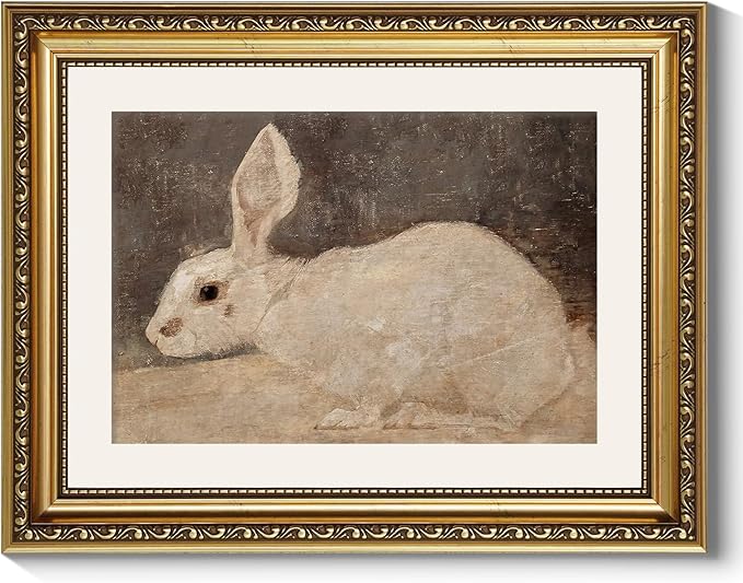 ARPEOTCY Vintage Gold Framed Wall Art, Easter White Rabbit Bunny Paintings, Nursery Wall Decor, Canvas Prints Artwork with Frame, Wall Decor for Kids Room Bathroom Bedroom 11x14 inch
