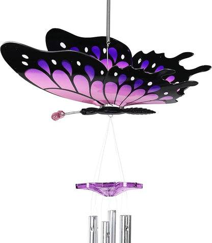 Exhart Wind Chimes, WindyWings Large Purple Butterfly Wind Chime with Fluttering Wings, Outdoor Plastic and Metal Lawn and Yard Decoration, 11 x 9.5 x 24 Inch