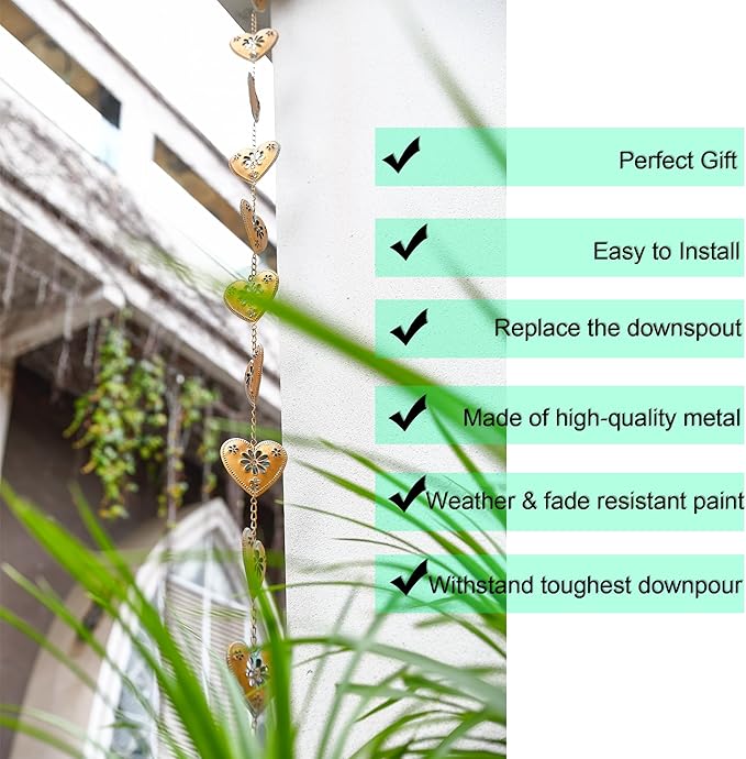 8.5FT Gold Patina Heart Rain Chain for Gutters, Functional and Decorative Replacement Downspout Chain for Outside, Metal Rain Catcher Chain