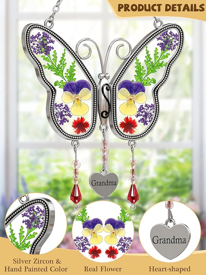 KY&BOSAM Gifts for Grandma Butterfly Suncatcher with Pressed Flower Wings and a Silver Grandma Heart Charm - Stain Glass Panels Grandma Gifts Wind Chime - Mothers Day Birthday Christmas