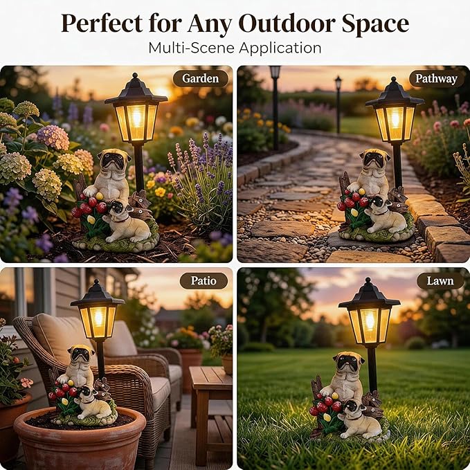Pug Dog Solar Lights Outdoor Garden Decor Waterproof Resin Dog Statues Yard Art Gifts Patio Lawn Pathway