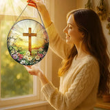 8 Inch Stained Glass Cross and Wildflowers Suncatcher Christian Stained Glass Windows Hanging Flower Cross Gift for Religious Easter Faith Christian Gifts Religious Home Decor