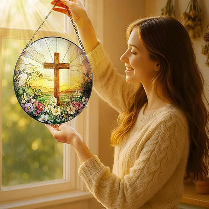 8 Inch Stained Glass Cross and Wildflowers Suncatcher Christian Stained Glass Windows Hanging Flower Cross Gift for Religious Easter Faith Christian Gifts Religious Home Decor