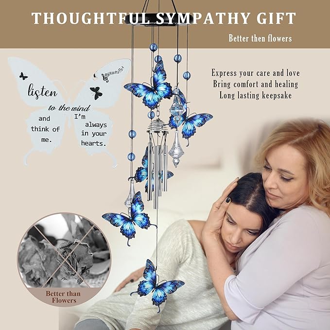 YU FENG Butterfly Memorial Wind Chime with Crystal Suncatcher – 27 Inch Outdoor Wind Chimes for Garden, Blue Butterfly Sympathy Gift for Loss of Loved One, Remembrance Decor for Yard, Patio, Mom