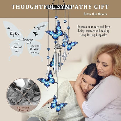 YU FENG Butterfly Memorial Wind Chime with Crystal Suncatcher – 27 Inch Outdoor Wind Chimes for Garden, Blue Butterfly Sympathy Gift for Loss of Loved One, Remembrance Decor for Yard, Patio, Mom