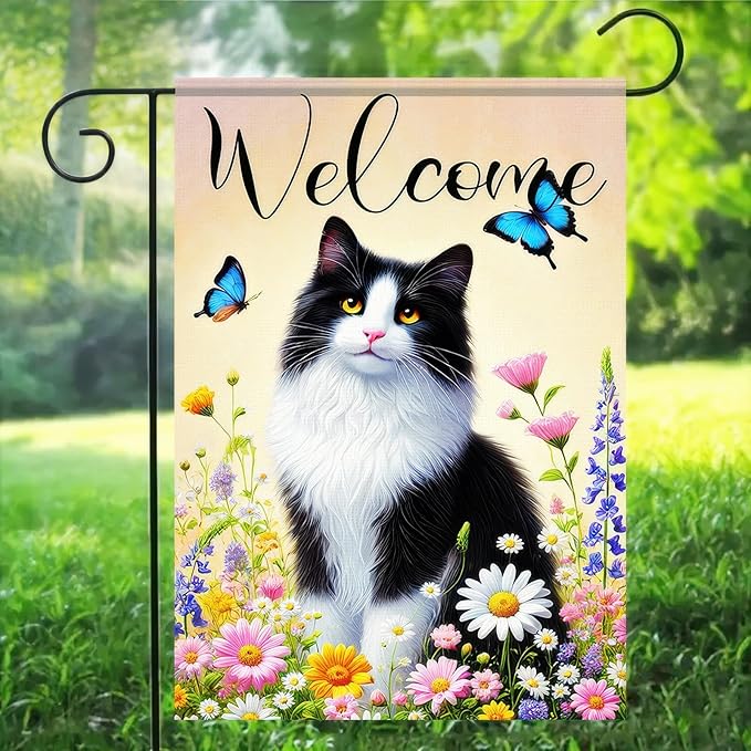BlissYard Welcome Garden Flag Spring Summer Cat Garden Flag 12x18 Inch Double Sided Flags Black White Cat Floral Butterfly Outdoor Yard Lawn Porch Decor Banner