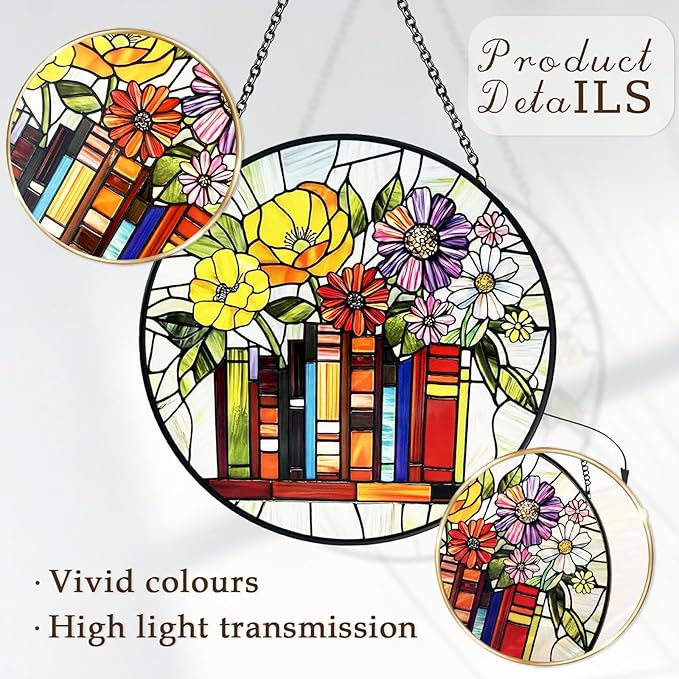 Stained Glass Sun Catchers Indoor Window, Suncatchers for Windows Hanging, Book Decor for Book Lover