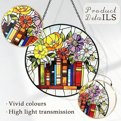 Stained Glass Sun Catchers Indoor Window, Suncatchers for Windows Hanging, Book Decor for Book Lover