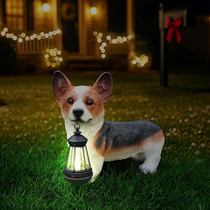 Corgi Garden Statue with Solar Lantern, Adorable Dog Outdoor Decor with Interchangeable Welcome & On Patrol Signs, Waterproof Resin Puppy Figurine for Yard, Lawn, Patio, Dog Lover Gift