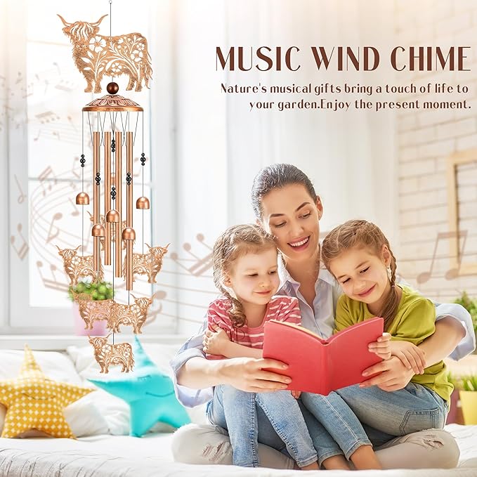 Cow Wind Chimes for Outside - Highland Cows Windchime with Greeting Card Indoor Outdoor Decor Garden Patio Balcony Art Hanging Thanksgiving Christmas Birthday Gift for Women Animal Lover