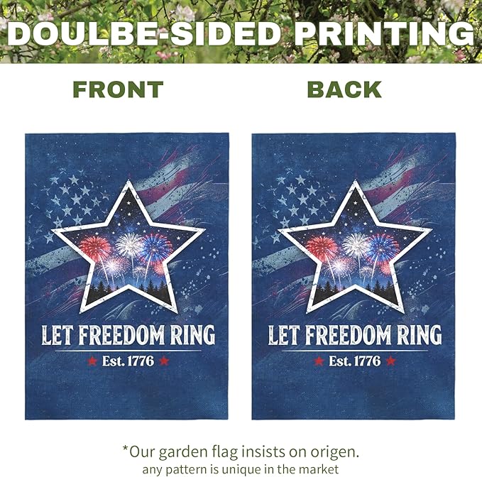 Fourth of July Patriotic Garden Flag Let Freedom Ring Yard Flags Independence Day Double Sided American Star Fireworks House Banner for Porch Patio Memorial July 4th Home Decor 12 x18 Inch