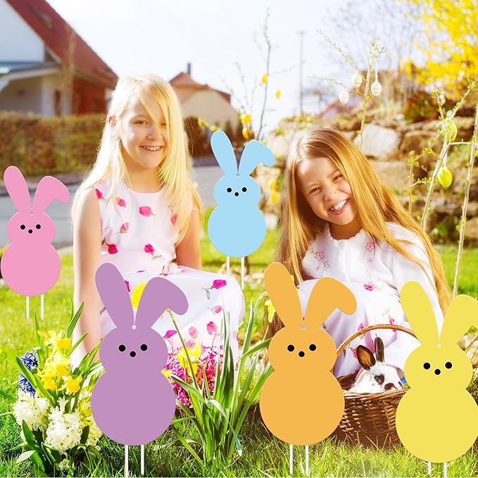 Whaline 12Pcs Easter Bunny Yard Sign with 24Pcs Stakes Fishing Line Colorful Bunny Hanging Ornament Cute Rabbit Lawn Sign for Spring Outdoor Lawn Pathway Walkway Tree Porch Party Garden Decorations