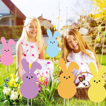 Whaline 12Pcs Easter Bunny Yard Sign with 24Pcs Stakes Fishing Line Colorful Bunny Hanging Ornament Cute Rabbit Lawn Sign for Spring Outdoor Lawn Pathway Walkway Tree Porch Party Garden Decorations