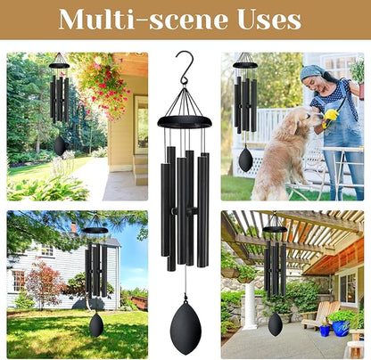 Wind Chimes for Outside Deep Tone, 30 Inch Memorial Wind Chimes with 6 Tuned Aluminum Tubes, Black Garden Decor for Sympathy Gift, Mother’s Day, Patio, Porch with S Hook & Greeting Card