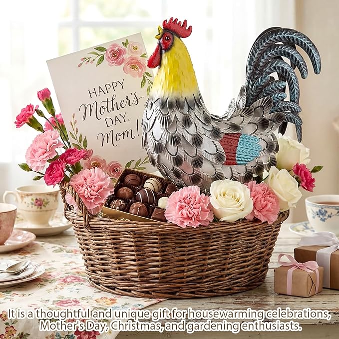 Zhengmy Metal Rooster Garden Statue Lifelike Colorful Metal Rooster Yard Decor Hand-Painted Iron Chicken Sculpture for Patio Lawn Backyard Farmhouse Outdoor Indoor Decoration(Lustrous White)
