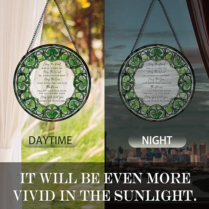 Irish Blessing Suncatcher Stained Glass Window Hanging, Irish Blessing Gifts Sun Catchers Indoor Window Glass Round Wall Decor, Ireland Gifts Wall Art Hanging Decorations, ＂7.8x7.8＂
