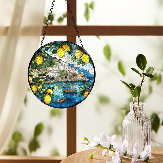 Italian Lemon Amalfi Coast Suncatchers Stained Glass Window Hanging, Lemon Kitchen Decor, Summer Mediterranean Sun Catchers Indoor Window Glass Round Wall Decor, 7.9x7.9in