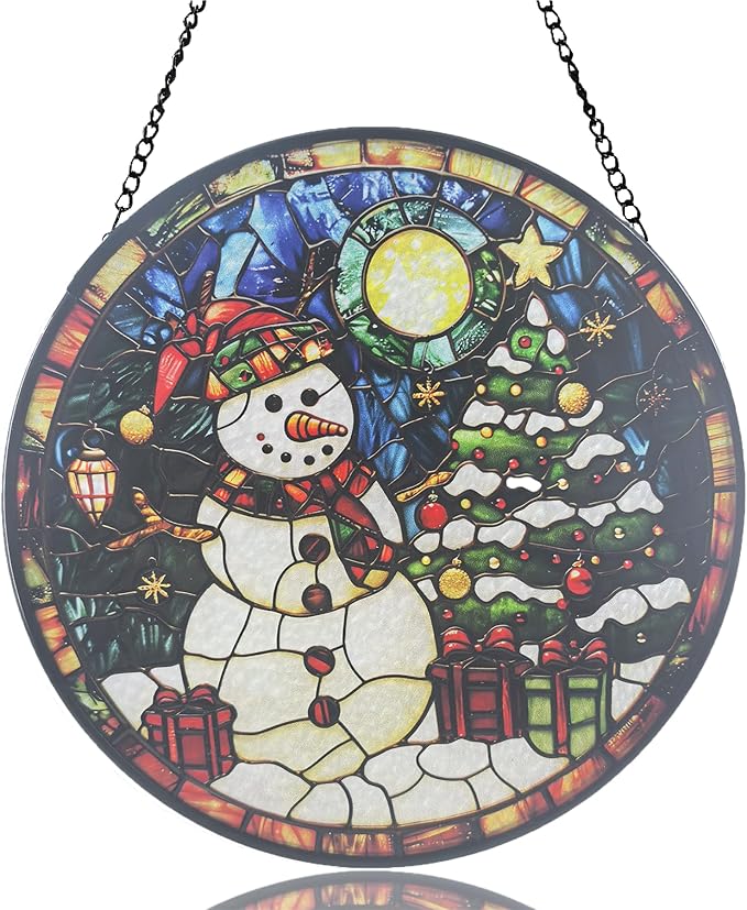 Stained Glass Sun Catcher,Christmas Snowman Glass Window Hanging Garden Decor,Sun Catchers Indoor Window,Whimsical Decoration for Home Backyard Patio Lawn Porch with 6.3 INCH