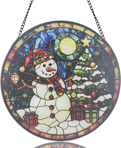 Stained Glass Sun Catcher,Christmas Snowman Glass Window Hanging Garden Decor,Sun Catchers Indoor Window,Whimsical Decoration for Home Backyard Patio Lawn Porch with 6.3 INCH