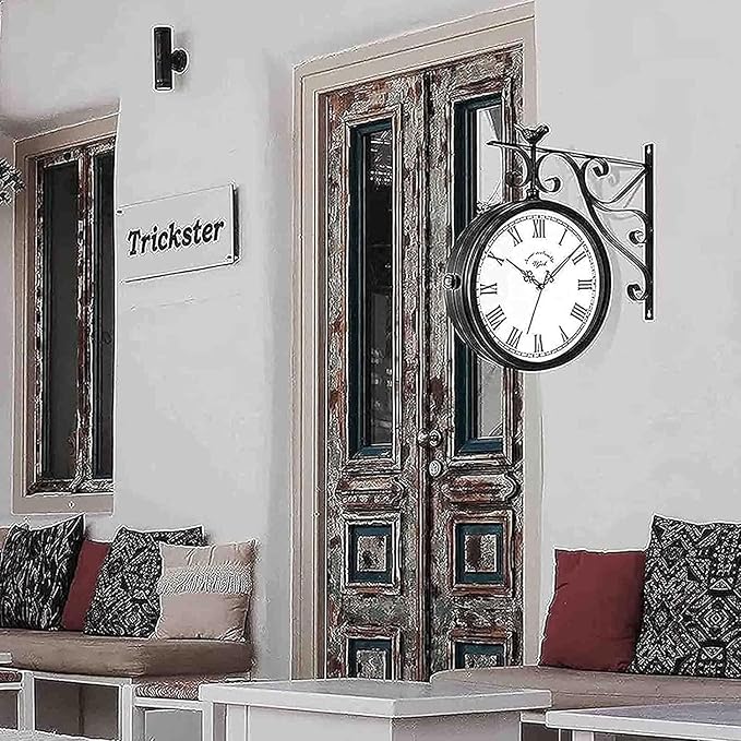 American Iron Vintage Train Station Clock Double Sided Wall Clock, Double Sided Metal Clock, European Antique Silent Double Sided Wall Clock for Patio, Garage, Fence, House, Living Room Art Decoration