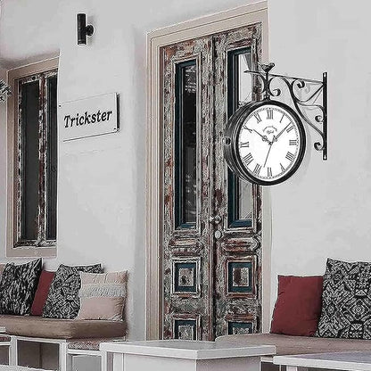 American Iron Vintage Train Station Clock Double Sided Wall Clock, Double Sided Metal Clock, European Antique Silent Double Sided Wall Clock for Patio, Garage, Fence, House, Living Room Art Decoration