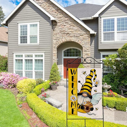 Welcome Spring Summer Bumble Bee Gnome Decorative House Flag, Honeycomb Daisy Flower Spring Garden Yard Outside Decorations, Farmhouse Outdoor Large Home Decor Double Sided 28 x 40