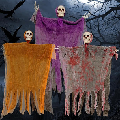 3 Pack 31.5 Inches Hanging Grim Reaper Decorations, Halloween Skeleton Props with Cloaks, Indoor Outdoor Yard Decor for Parties, Haunted House, Scary Tree Ornament Favors