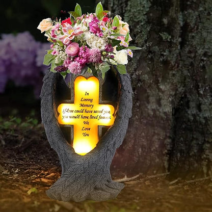 Grave Decorations for Cemetery，Heaven Angel Wing Cross, Graveyard Decoration, Vase with Solar LED Lamp, Resin Decorated Bereavement Statue, Gift in Memory of Relatives (Gray)