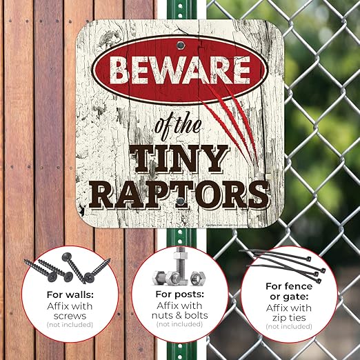 Beware of The Tiny Raptors Sign, Funny Chicken Rooster Hen Coop, Farmhouse Home Kitchen Decoration, 12x12 Inches, Rust Free Aluminum, Fade Resistant, Indoor/Outdoor Use, Made in USA