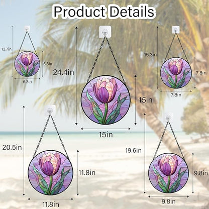 DASTOLL Stained Glass Window Hanging Purple Tulips Flower Large 11.8" - Suncatcher Door Garden Sun Catcher Home Decor Birthday Mother's Day for Mom Men Woman Parents Her Nana Friend