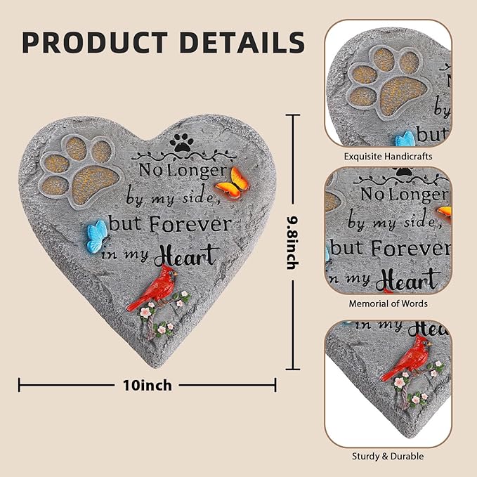 Dog Memorial Stone with Paw Print, Cardinal & Butterfly Pet Loss Sympathy Gift 10 inch, Pet Grave Markers Dog Bereavement Gifts Heart-Shaped Doggy Passing Away Gifts