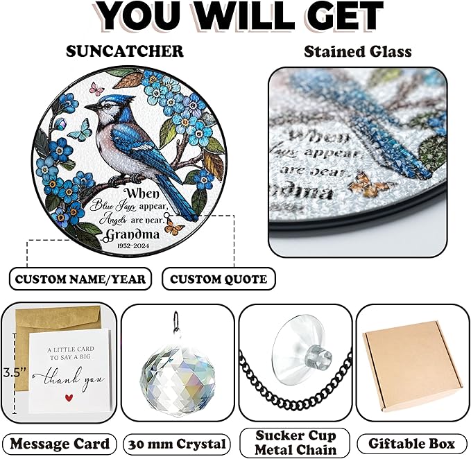 Personalized Blue Jay Bird Stained Glass Suncatcher, In Loving Memorial Name Bird Memorial Suncatcher Window Hanging Mothers Day Blue Jay Appear Angels are Near, Sympathy Gifts for Mom, Grandma, Women