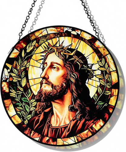 Stained Glass Window Hanging - Jesus Suncatcher, Sun Catchers Decor for Window Hanging, Christian Gifts for Women Men Mom Wife Religious Faith Home Decor 7.8in