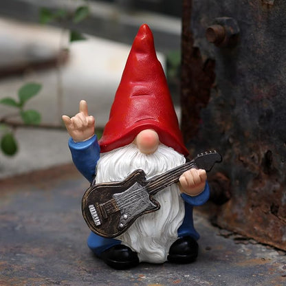 Garden Gnome with Guitar 7.1“ Figurine Ornament for Indoor Outdoor Home Patio Yard Lawn, Red Hat, Blue Outfit, Indoor Outdoor Decorative Statue