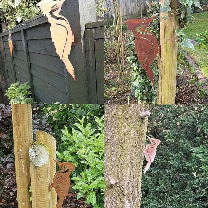 Rusty Metal Bird Silhouettes Garden Fence Decor Woodpecker Gardening Country Metal Bird Robin Yard Art Decoration Steel Garden Sculptures and Statues