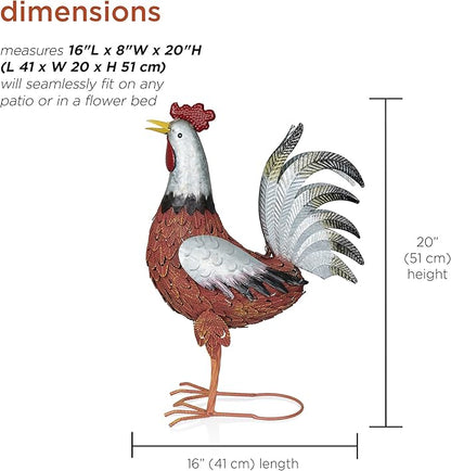 Alpine Corporation JUM388 Metal Outdoor Rooster Decor Statue, Animal Décor for Patio, Lawn & Garden, 20"H, Silver and Rust
