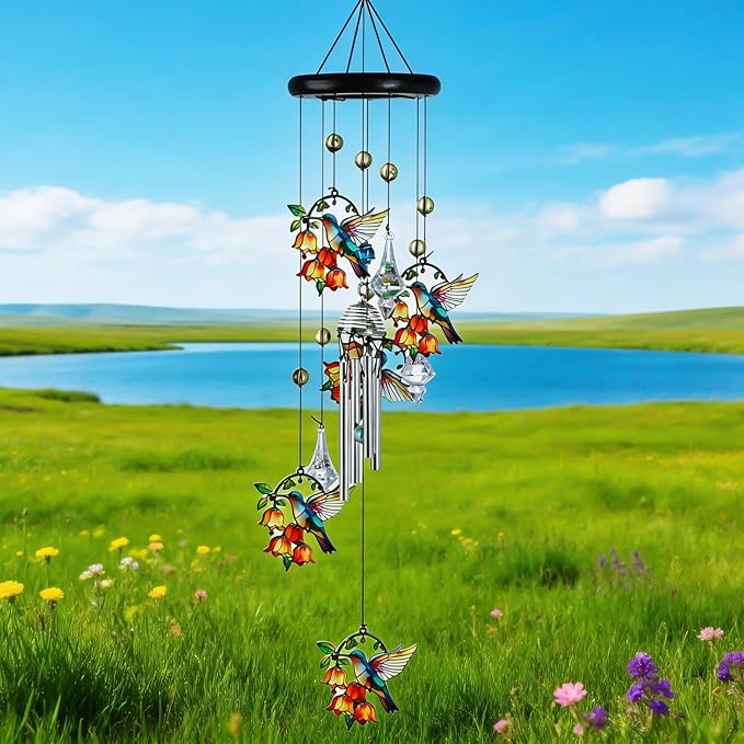 HDCRYSTALGIFTS Hummingbird Wind Chimes for Outside, 27'' Memorial Windchimes Outdoors, Hummingbirds Gifts for Women, Metal Chimes Window Garden/Yard Decor, Memorial/Birthday Gifts for Grandma/Mom
