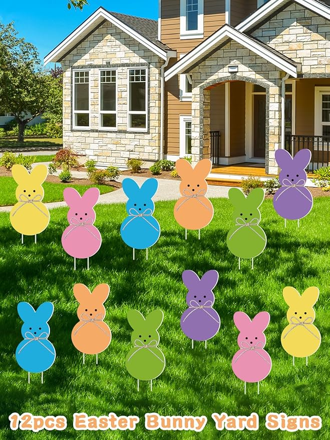 12 PCS Easter Yard Signs Outdoor Decorations Pastel Easter Bunny shaped Yard Signs with Stakes Cute Colorful Bunny Yard Decorations for Garden Lawn Home Party Supplies (12 PCS Peeps)