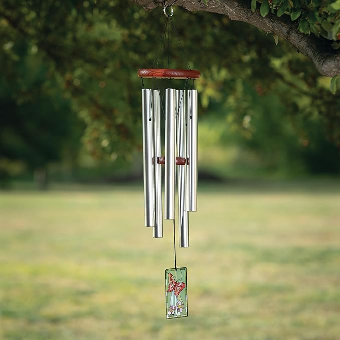 Woodstock Wind Chimes 26" Butterfly Garden Chime, Stained-Glass Acrylic Wind Catcher Chimes Silver Aluminum Tubes, Windchime for Outside Garden Decor, Outdoor Patio and Front Porch
