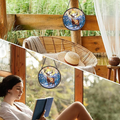Winter Wonderland Christmas Deer Suncatcher Stained Glass Window Hanging Decorstions, Landscape Stained Glass Wall Decor, Winter Solstice Gifts, Forest Garden Sun Catchers Window Art, 7.9x7.9In