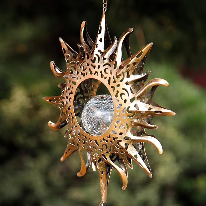 Sun Solar Wind Chimes for Outside Lights Prefert Gifts for Mom Wife Unique Crackle Glass LED Warm Light Outdoor Hanging Decor Windchimes for Garden Yard Patio Christmas Birthday Mothers Day