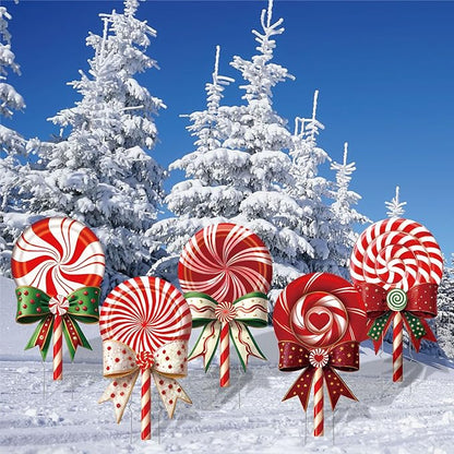 Outdoor Christmas Decorations Jumbo 24 Inch Lollipop Yard Signs 5ct with 20 Stakes 10 Fiberglass and 10 Metal Waterproof Holiday Christmas Decorations for and Garden Waterproof