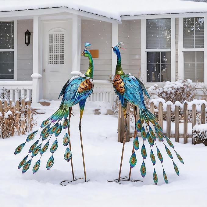 32" Tall Metal Peacock Garden Statue, Handmade Oversized Couple Peacock Sculptures with Anchor Ground Stakes, Iron Ornament Yard Art Decor for Garden, Patio, Entryway Porch, or Home Space.