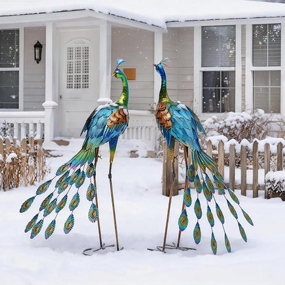 32" Tall Metal Peacock Garden Statue, Handmade Oversized Couple Peacock Sculptures with Anchor Ground Stakes, Iron Ornament Yard Art Decor for Garden, Patio, Entryway Porch, or Home Space.
