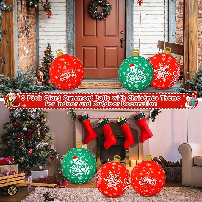Flasoo 3 Pack Giant Christmas Ornaments, 24 Inch Inflatable Ornaments Balls Outdoor for Christmas Decorations, Giant Outdoor Jingle Bells for Front Door Yard Tree Hanging Decoration