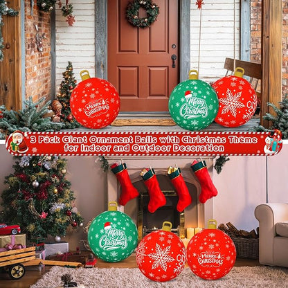 Flasoo 3 Pack Giant Christmas Ornaments, 24 Inch Inflatable Ornaments Balls Outdoor for Christmas Decorations, Giant Outdoor Jingle Bells for Front Door Yard Tree Hanging Decoration