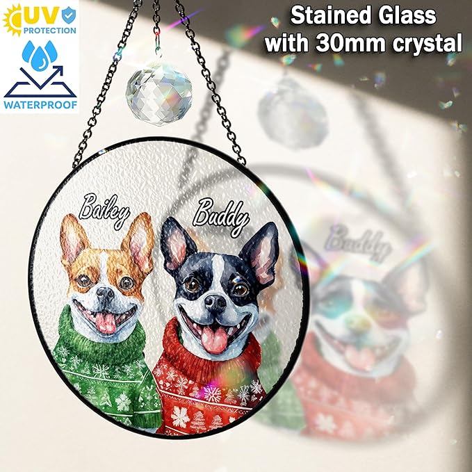 Personalized Pet Portrait Stained Glass Window Hanging, Christmas Dog Santa Hat Suncatcher Photo, Winter Cat Portrait Crystal Decor, Memorial Gift for Dog Lovers, Sympathy Gift for Cat Mom